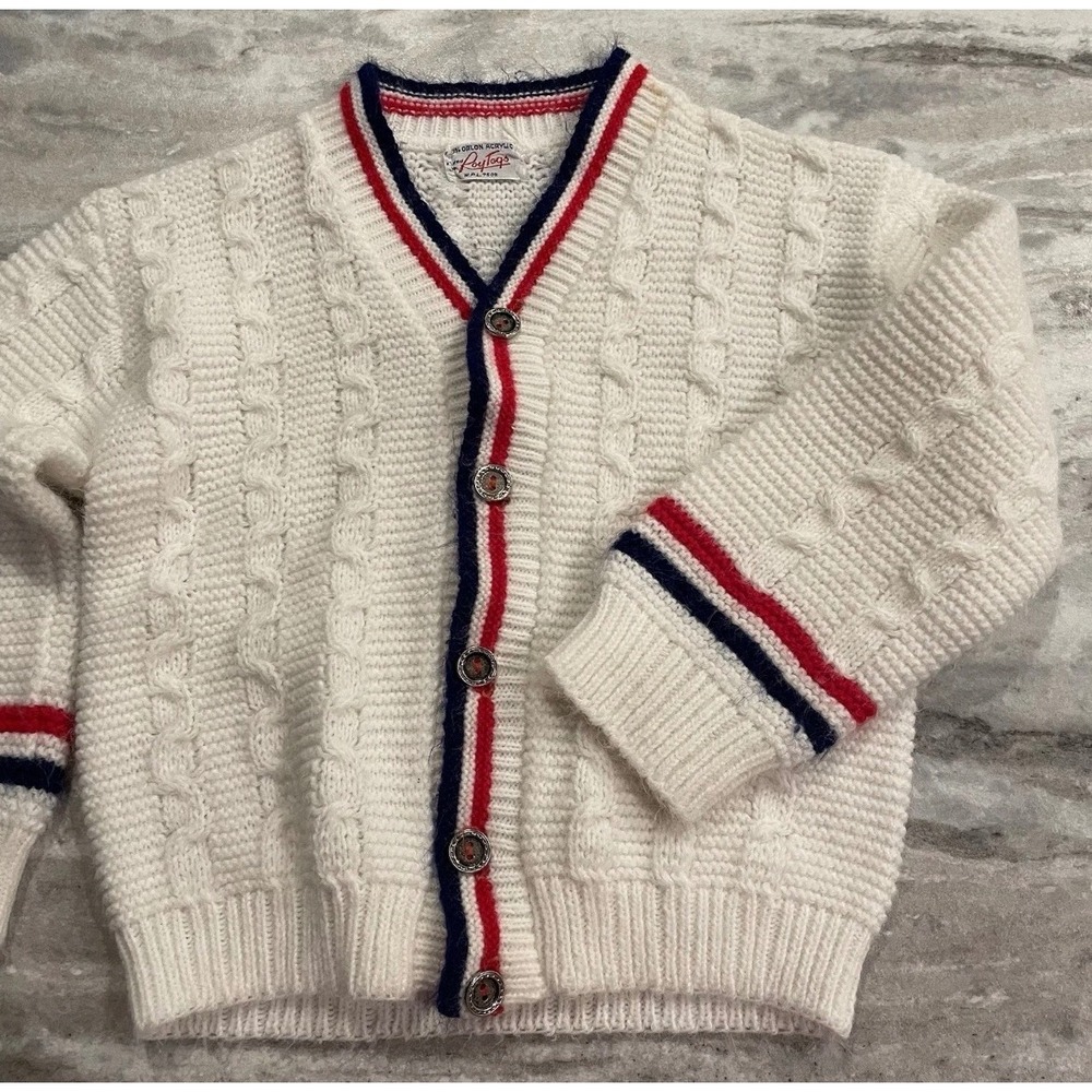 Vintage Roy Togs Baby Cardigan Sweater White Cable Knit Red Blue Stripe 12-18 Mo